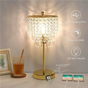 Touch Control Crystal Table Lamp with Dual USB Ports, 3-Way Dimmable Gold Lamp